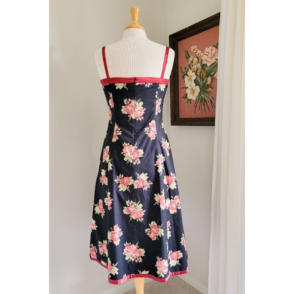 90s Black Floral Satin Bow 1990s Vintage Fit & Flare Midi Length Cotton Dress - Picture 8 of 15